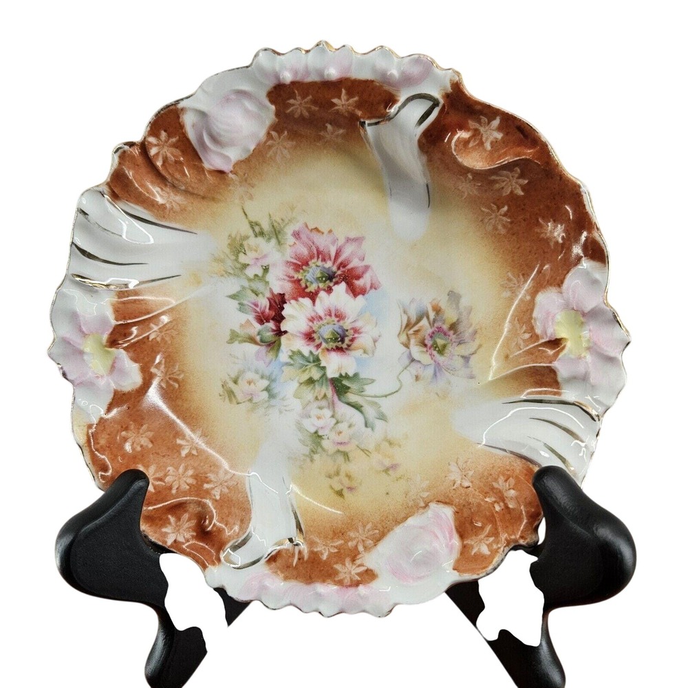 S&T RS Germany Small‎ Scalloped Fluted Porcelain Berry Bowl Floral Gold Trim EUC